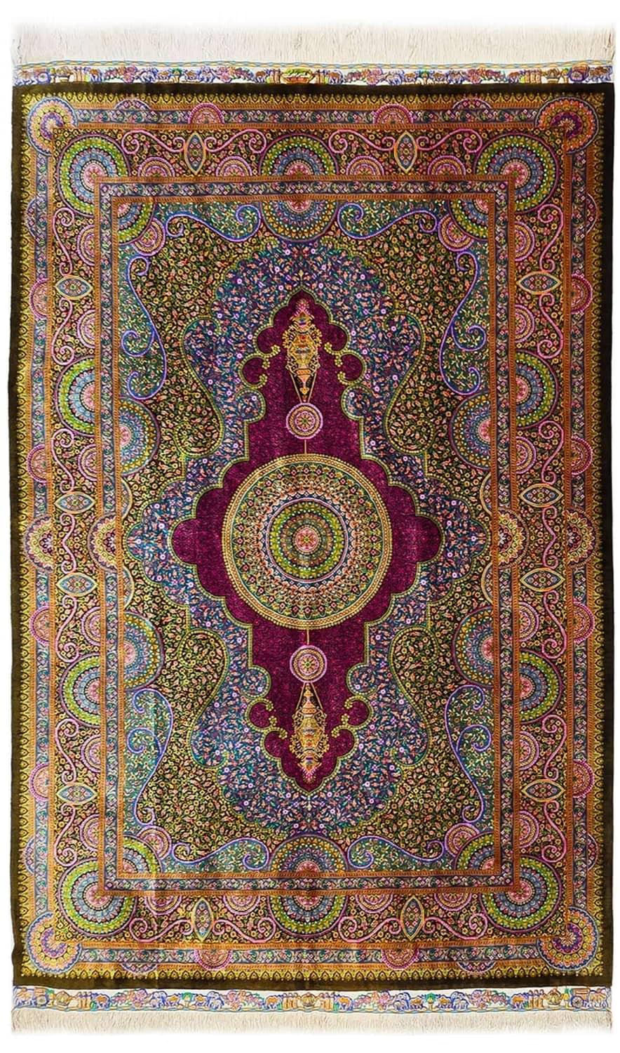ペルシャ絨毯 クム リビング シルク メダリオン アルバル工房 136×197cm