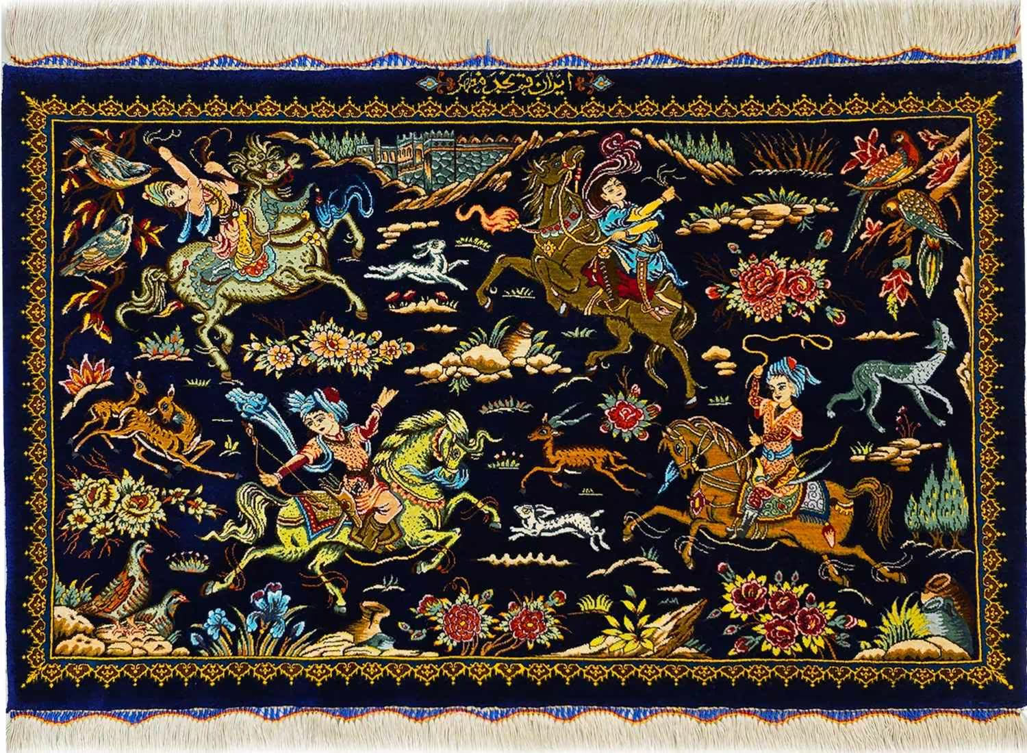 ペルシャ絨毯 クム シルク 玄関マット 狩猟図 マザヘル工房 56×89cm