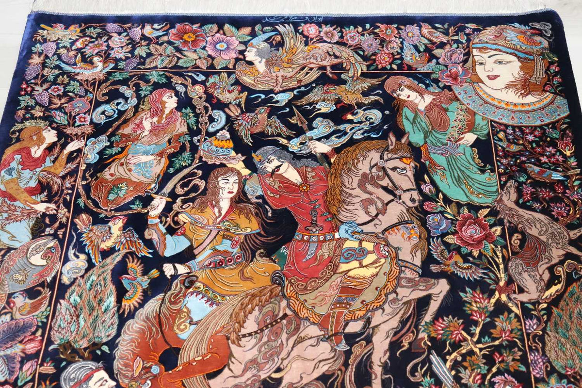 ペルシャ絨毯 クム産 シルク100% ミルメヒディ工房 文化遺産級 古代英雄ロスタムの物語デザイン 世界最高級 壁飾り - ペルシャ絨毯専門店(ゴレスタン)