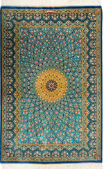 ペルシャ絨毯 クム産 シルク100% アルバル工房 最高級ドーム柄 美しい青の光沢 リビング又は玄関マットサイズ - ペルシャ絨毯専門店(ゴレスタン)