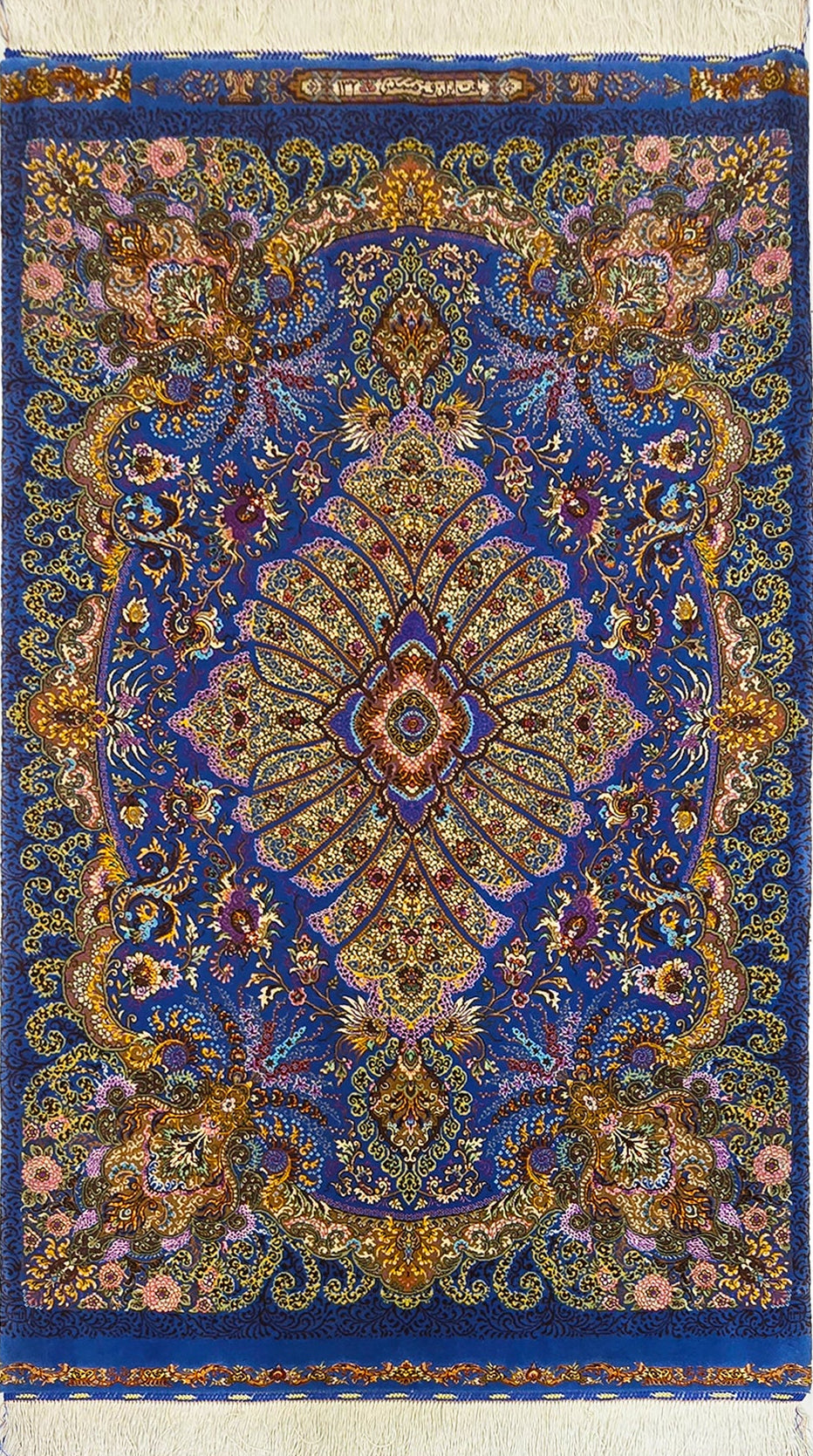 サマディ工房】クム産 ペルシャ絨毯 シルク＆ウール 100×168cm 青