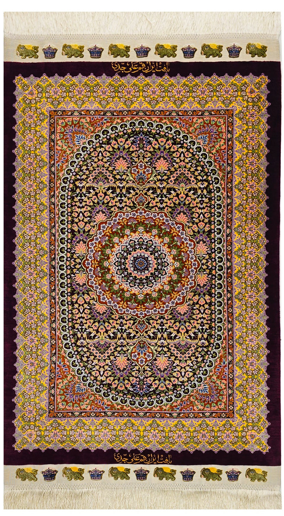 ペルシャ絨毯 クム産 シルク100% ジェッディ工房 マルーン×ゴールド