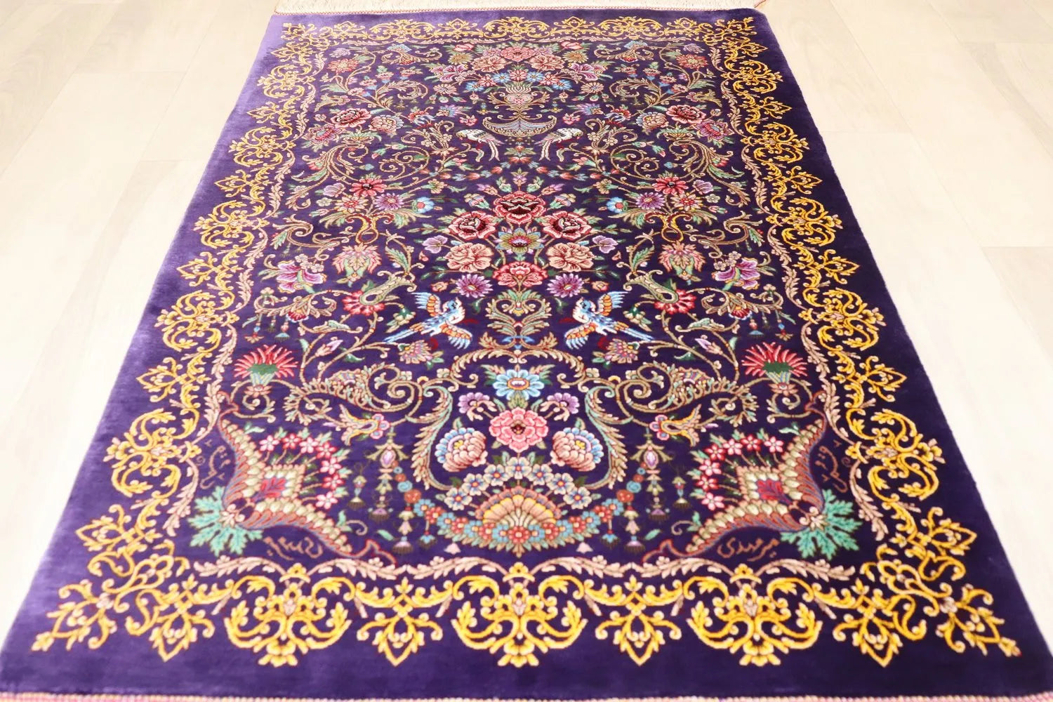 Persian carpet, 100% silk from Qom, Mirmehidi Atelier, flowers on a deep purple background