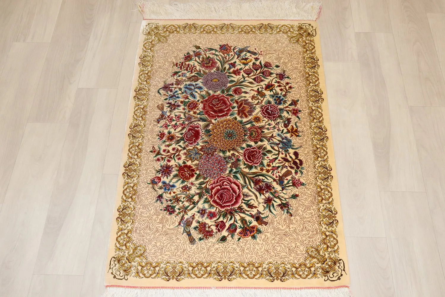 Persian carpet from Qom, 100% silk, Mirmehidi workshop, elegant floral and bird pattern