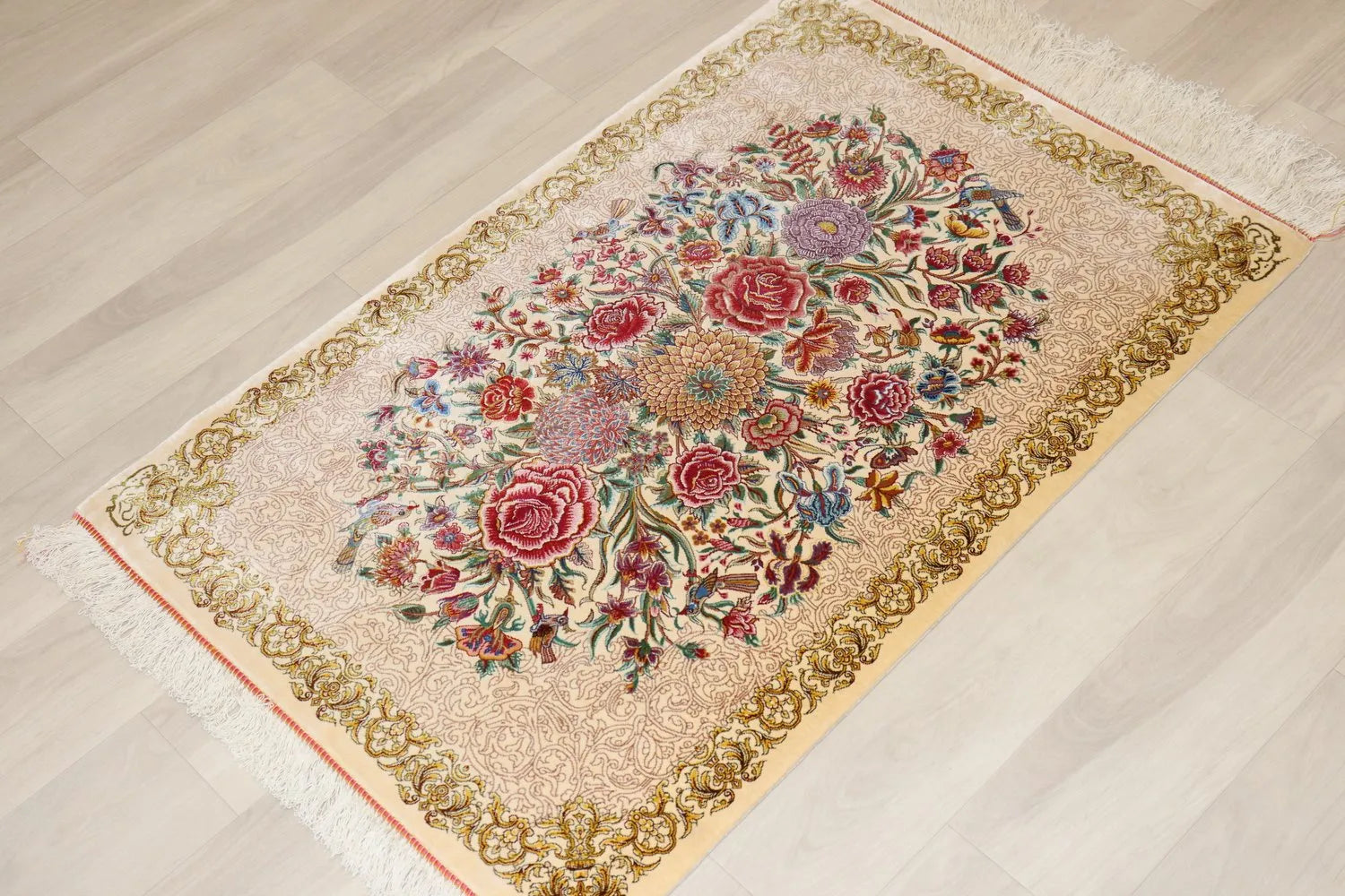 Persian carpet from Qom, 100% silk, Mirmehidi workshop, elegant floral and bird pattern