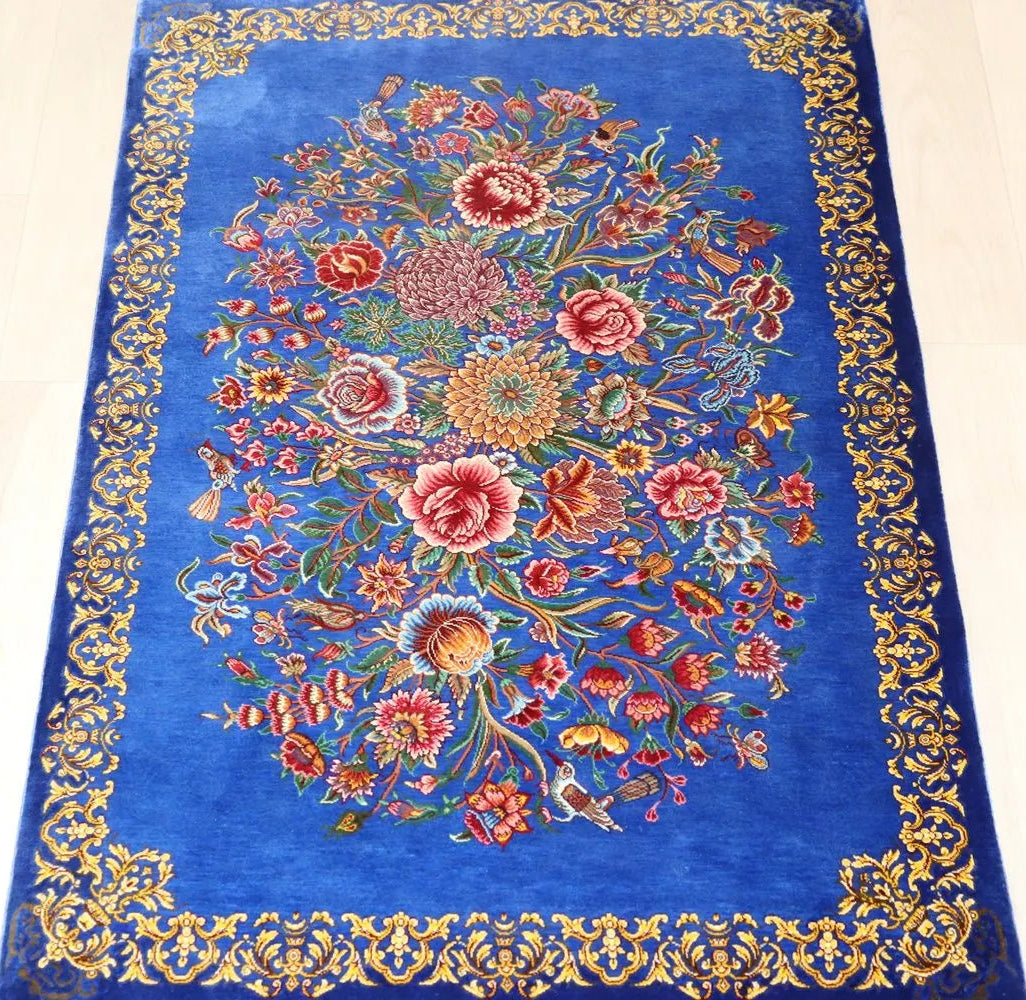 花の泉に遊ぶ美しい鳥】ペルシャ絨毯 シルク ピンク系 孔雀 手織り 花 花の泉に遊ぶ美しい鳥】ペルシャ絨毯 シルク ピンク系 孔雀 手織り 花