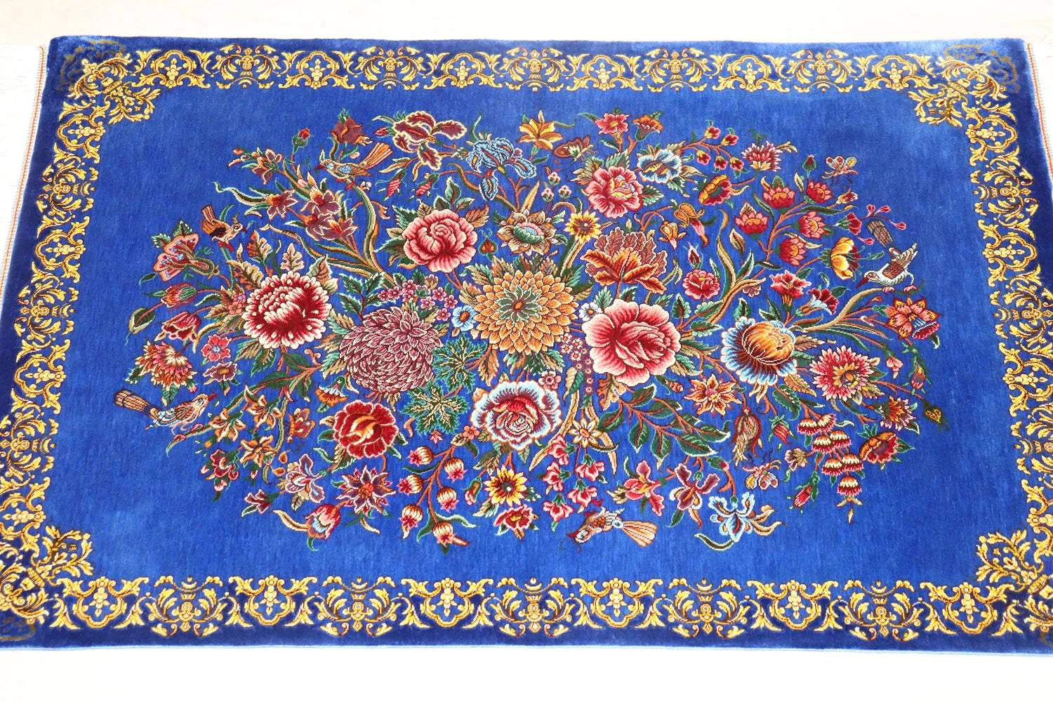 Persian carpet, 100% silk from Qom, Mirmekhidi Atelier, elegant bouquet pattern blooming in sky blue