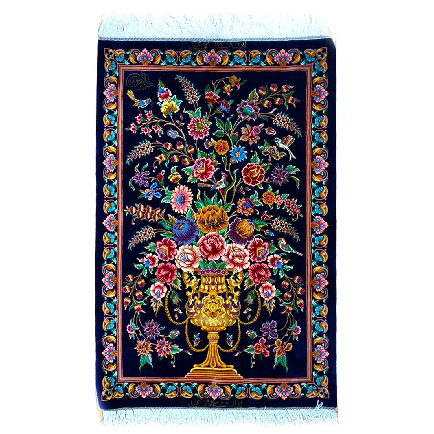 Persian carpet from Qom, 100% silk, Mirmekhidi Atelier, navy blue with a vase pattern and elegant colors