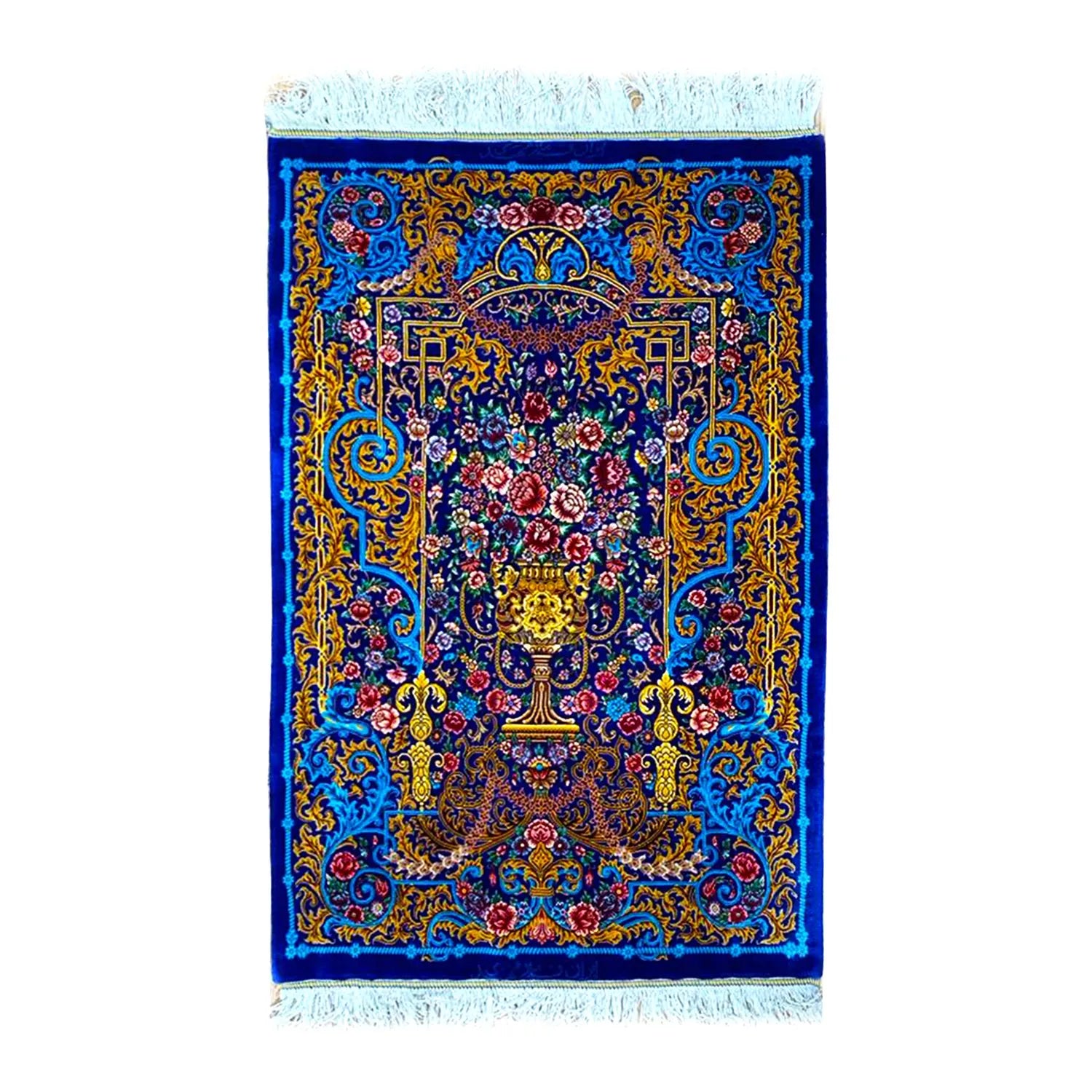 Persian carpet, 100% silk from Qom, Mirmehidi atelier, vibrant royal blue
