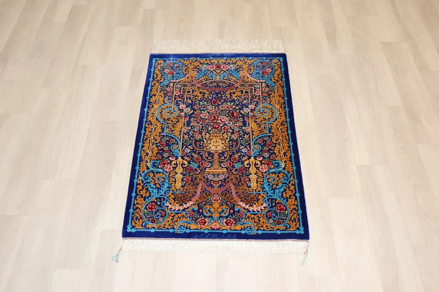 Persian carpet, 100% silk from Qom, Mirmehidi atelier, vibrant royal blue