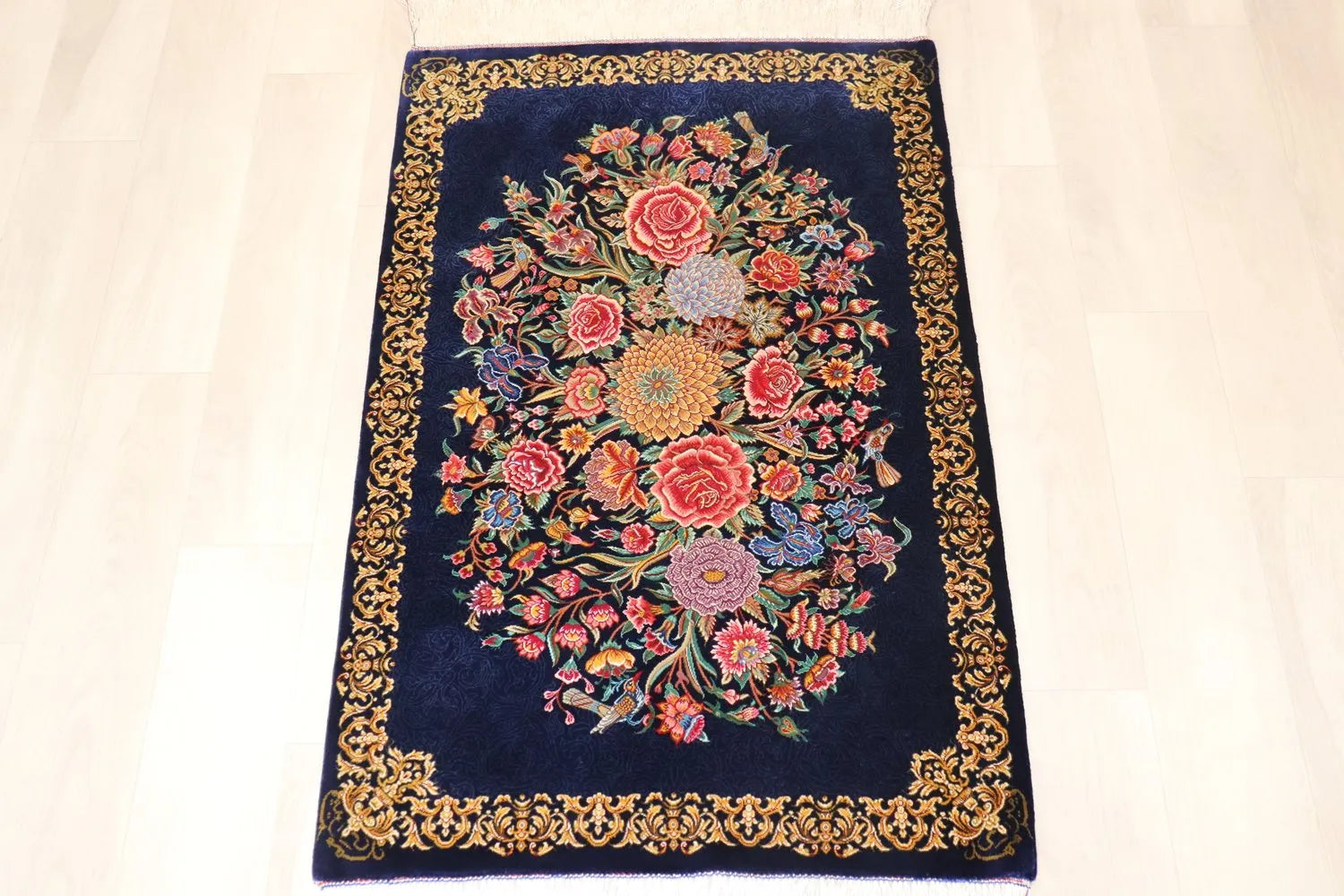 Persian carpet, 100% silk from Qom, Mirmehidi Atelier, navy blue