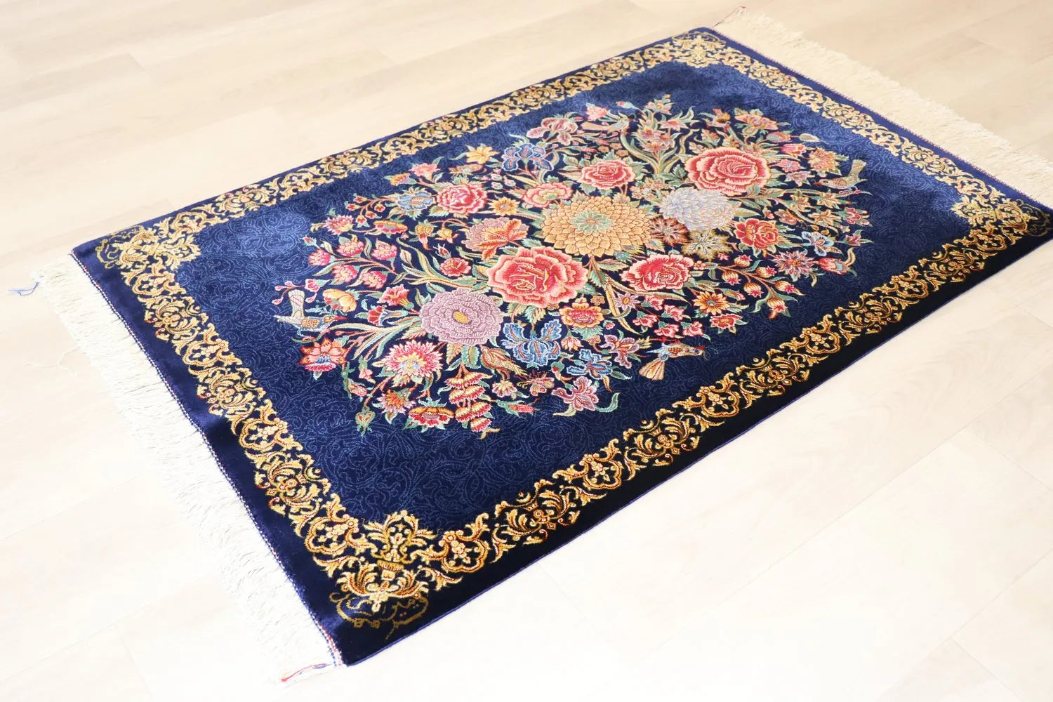 Persian carpet, 100% silk from Qom, Mirmehidi Atelier, navy blue