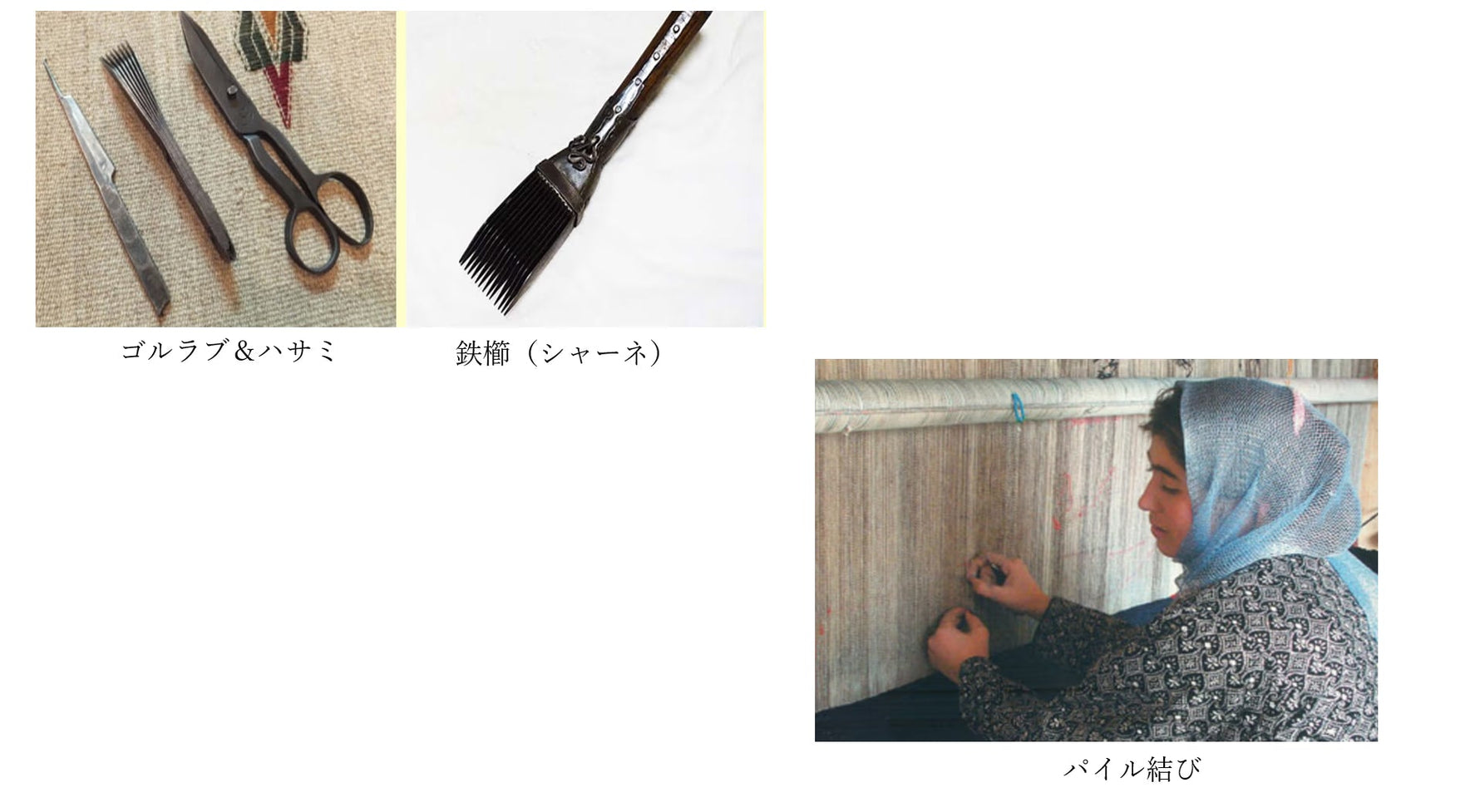 ペルシャ絨毯の道具と織り手 — ゴルラブとハサミ、鉄櫛(シャーネ)、パイル結びを行う織り手