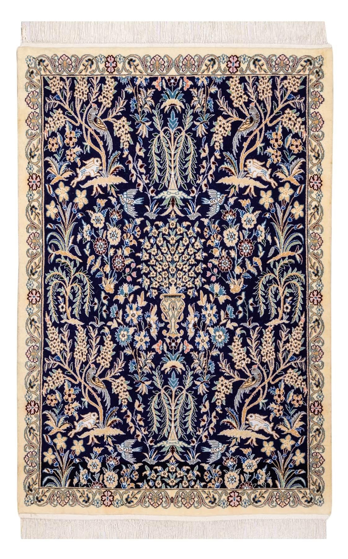 最安値 ペルシャ絨毯【ナイン産】深みのあるネイビー地の約1.75㎡（七四分）