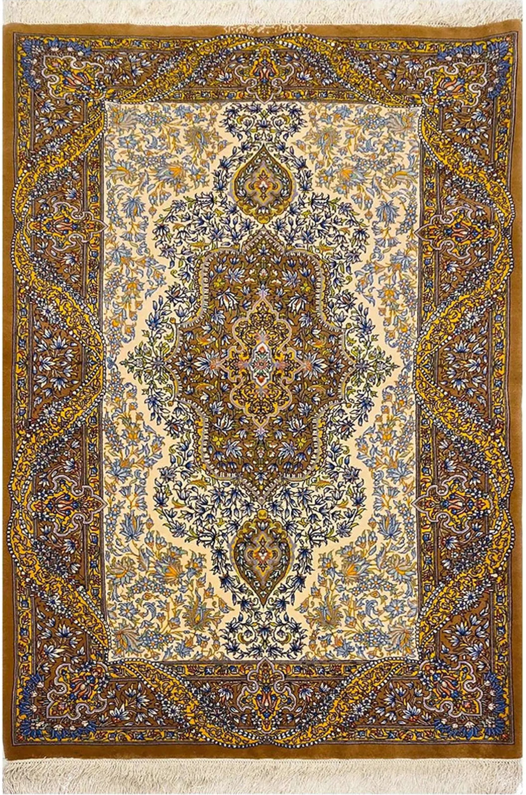 【ファラヒ工房】クム産 シルク＆ウール 100×146cm クリーム×キャメル ID25007