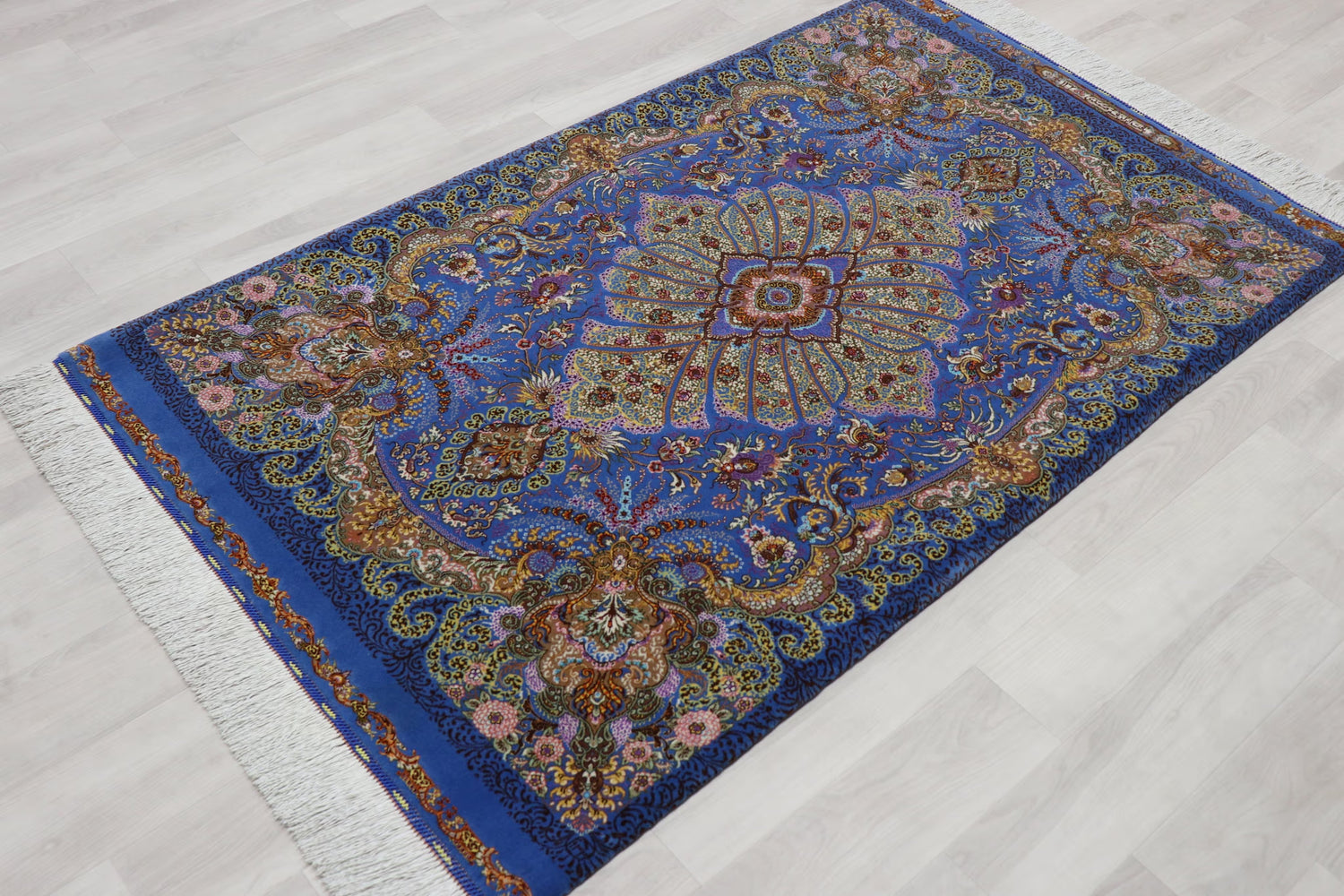 希少なシルク＆ウール クム産 【サマディ工房】 100×168cm 青　ID25006