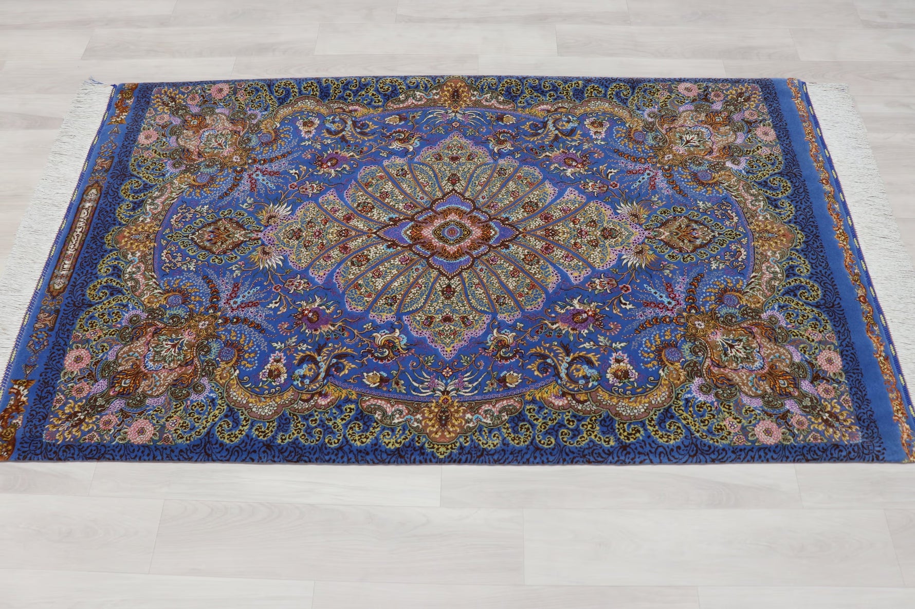 希少なシルク＆ウール クム産 【サマディ工房】 100×168cm 青　ID25006