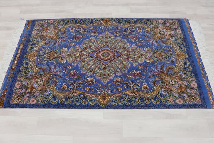 希少なシルク＆ウール クム産 【サマディ工房】 100×168cm 青　ID25006