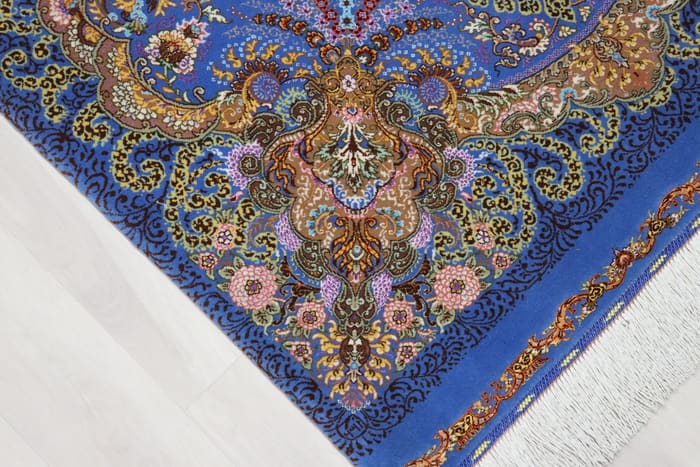 希少なシルク＆ウール クム産 【サマディ工房】 100×168cm 青　ID25006