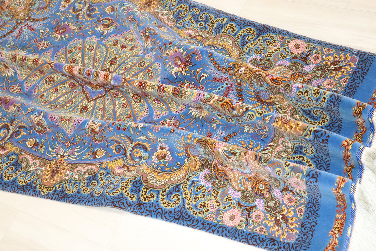希少なシルク＆ウール クム産 【サマディ工房】 100×168cm 青　ID25006