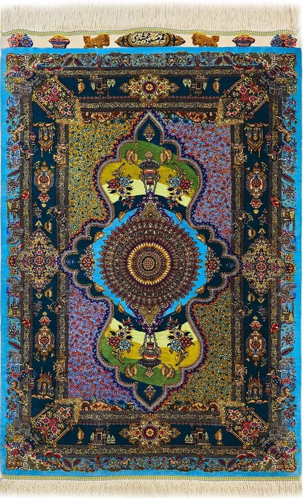 マスウード・ジャムシディ工房 雲形メダリオン（花瓶と小動物）緑×ブルー 61×88cm (ID23013)