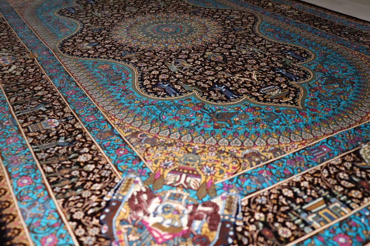 ペルシャ絨毯 クム産 シルク100% [アルバル工房] 気品あふれるメダリオン柄 リビングスペースサイズ ID12013