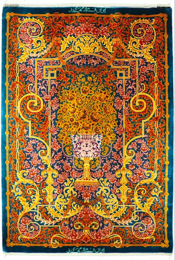 ミルメヒディ工房 花瓶文様 青緑 玄関マット 62×91cm (ID16010)