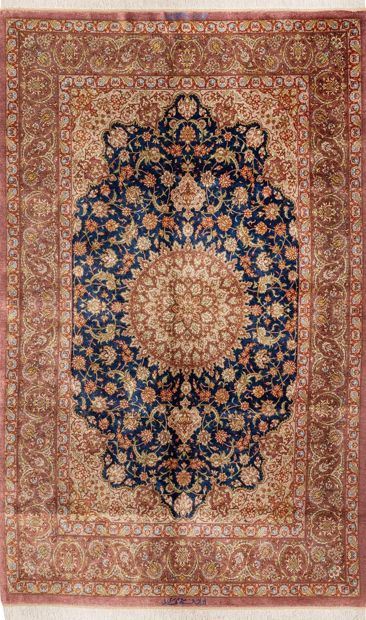 ペルシャ絨毯 クム産 シルク100% ミルメヒディ工房 曲線で構成されたエスリーミー柄 リビングスペースサイズ - ペルシャ絨毯専門店(ゴレスタン)