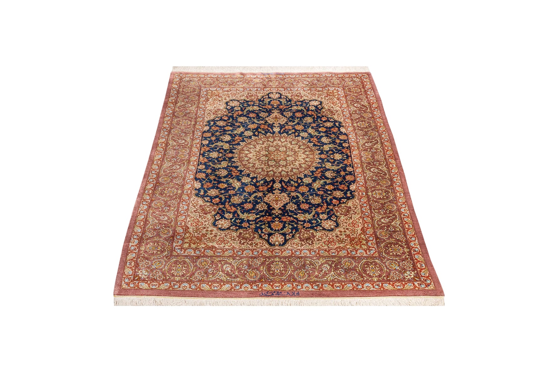 ペルシャ絨毯 クム産 シルク100% ミルメヒディ工房 曲線で構成されたエスリーミー柄 リビングスペースサイズ - ペルシャ絨毯専門店(ゴレスタン)