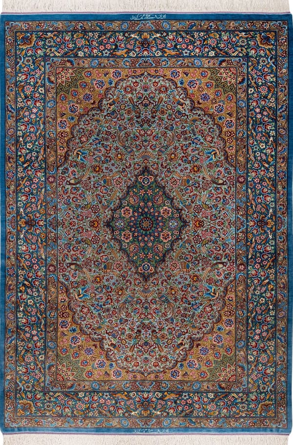 ミルメヒディ工房「生命の楽園」（蝶と小鳥）スカイブルー×ブルー 109×160cm (ID18003)