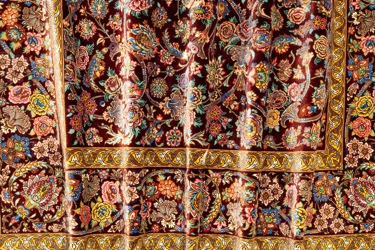 ペルシャ絨毯 クム産 シルク100% ミルメヒディ工房 エスリーミーオーバーオール 抜群の色彩美 リビングスペース - ペルシャ絨毯専門店(ゴレスタン)