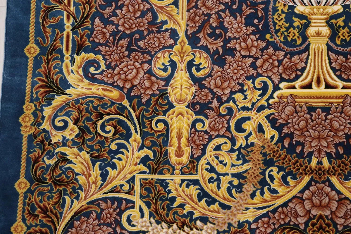 ペルシャ絨毯 クム産 シルク100% [ミルメヒディ工房] 花瓶文様と青緑の美しいコントラスト ID21020