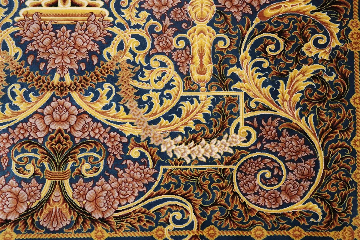 ペルシャ絨毯 クム産 シルク100% [ミルメヒディ工房] 花瓶文様と青緑の美しいコントラスト ID21020