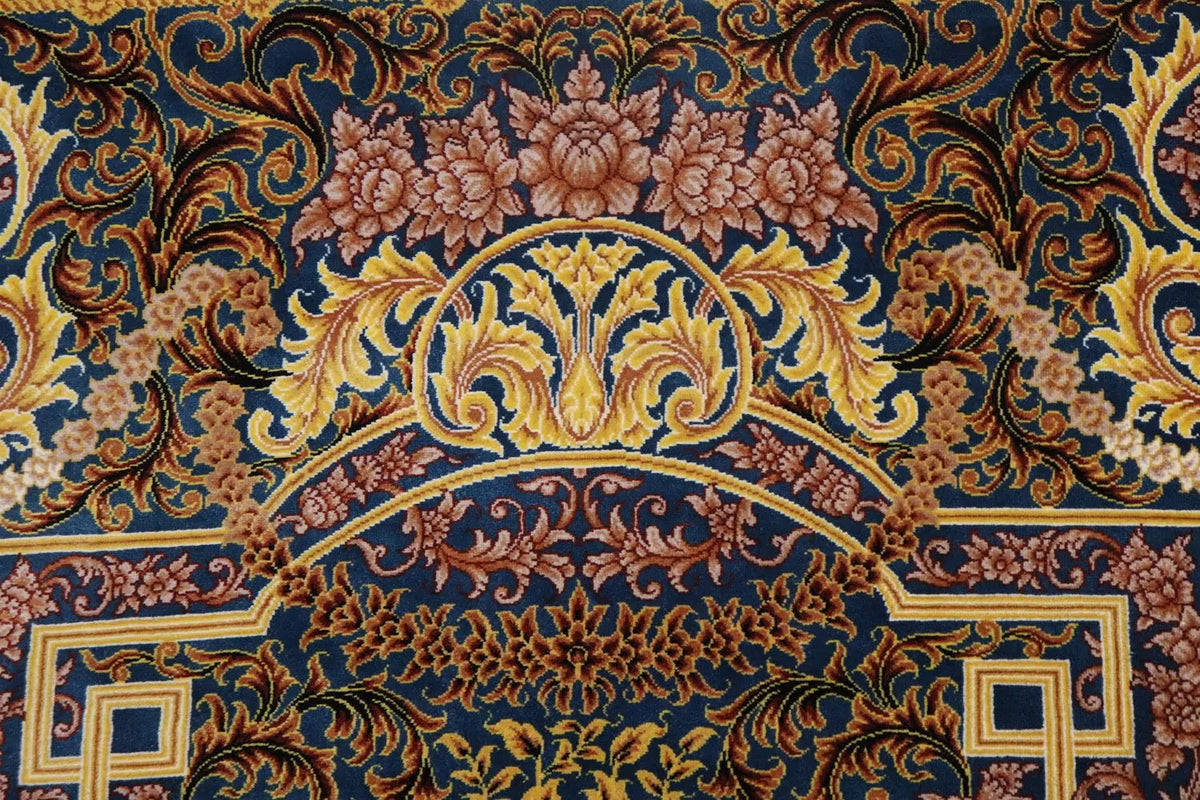 ペルシャ絨毯 クム産 シルク100% [ミルメヒディ工房] 花瓶文様と青緑の美しいコントラスト ID21020