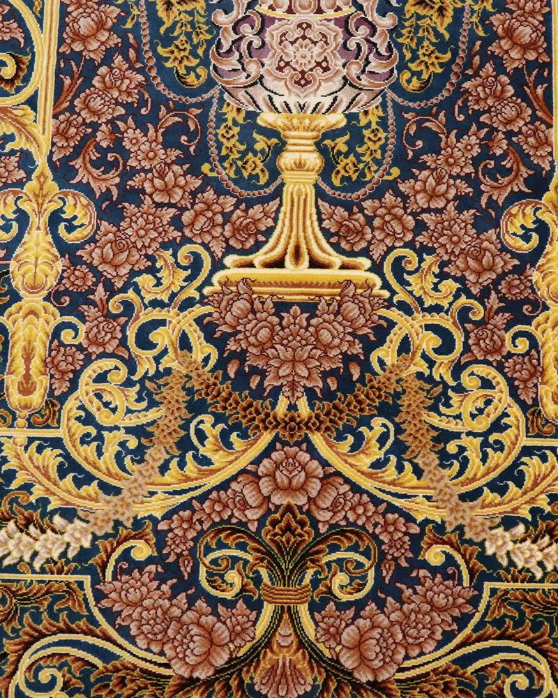 ペルシャ絨毯 クム産 シルク100% [ミルメヒディ工房] 花瓶文様と青緑の美しいコントラスト ID21020