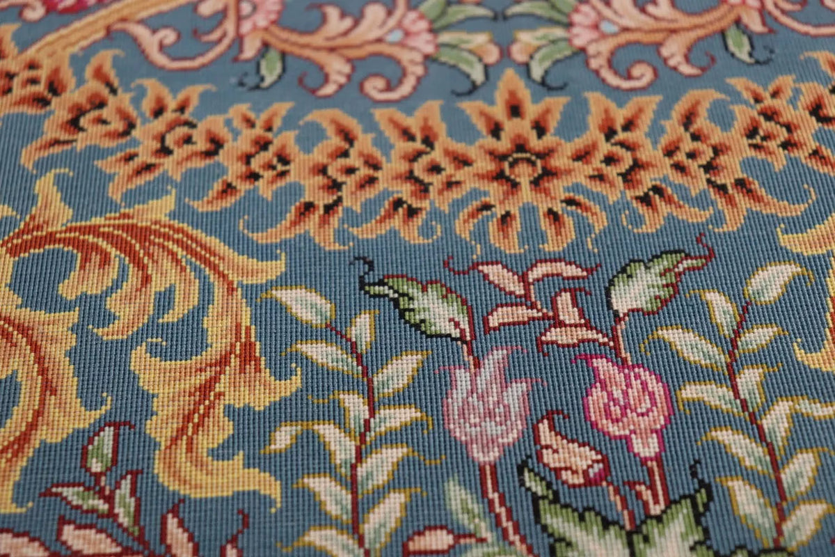 ペルシャ絨毯 クム産 シルク100% [ミルメヒディ工房]  深緑 豪華な花瓶柄 ID21021