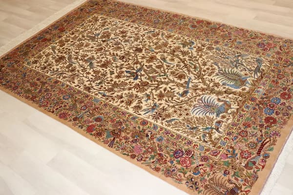 ミルメヒディ工房 生命の樹（孔雀と小鳥）クリーム 142×226cm (ID22002)