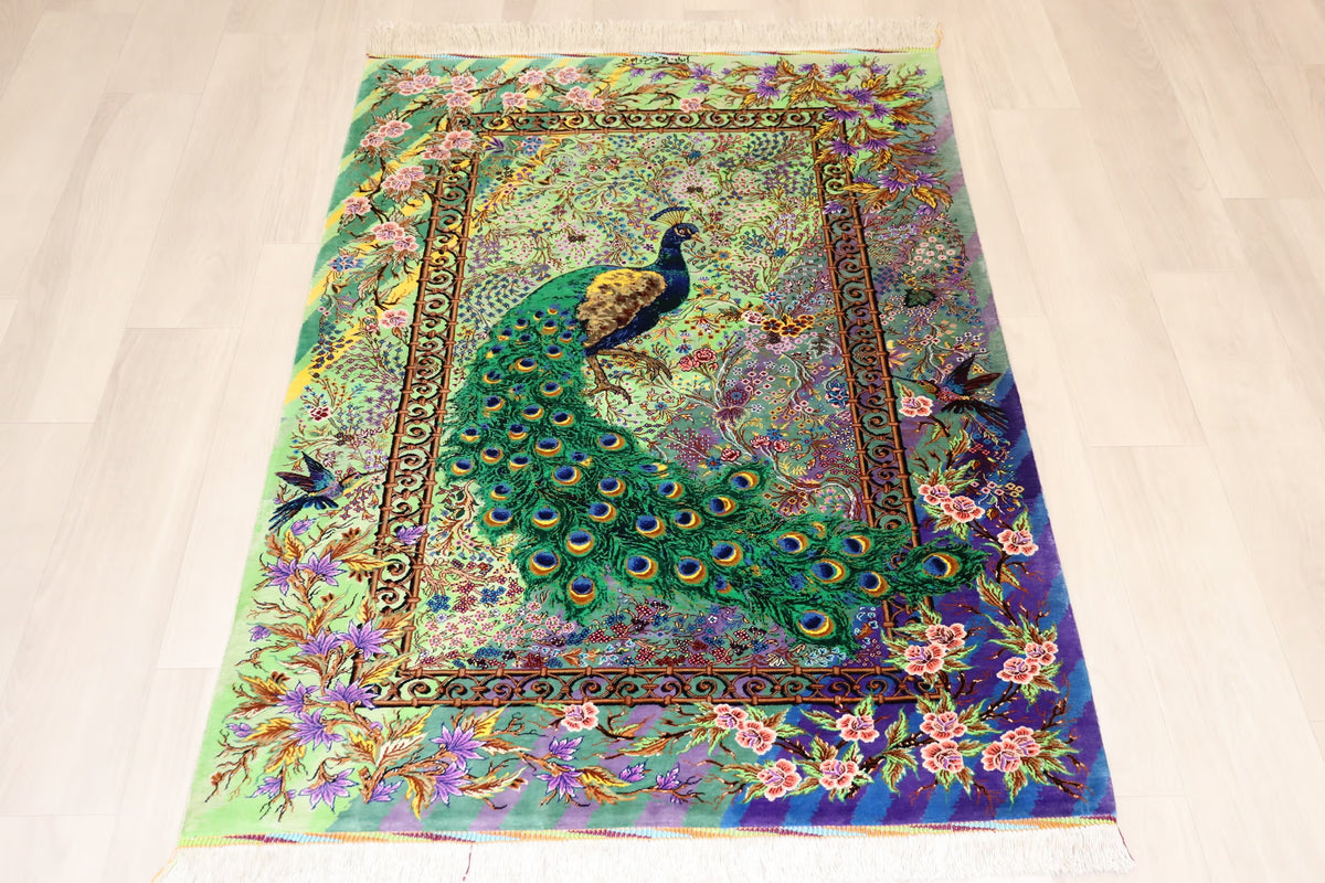 ペルシャ絨毯 クム シルク100% アミール工房 孔雀柄 79×118cm 裏面の織り ID22005