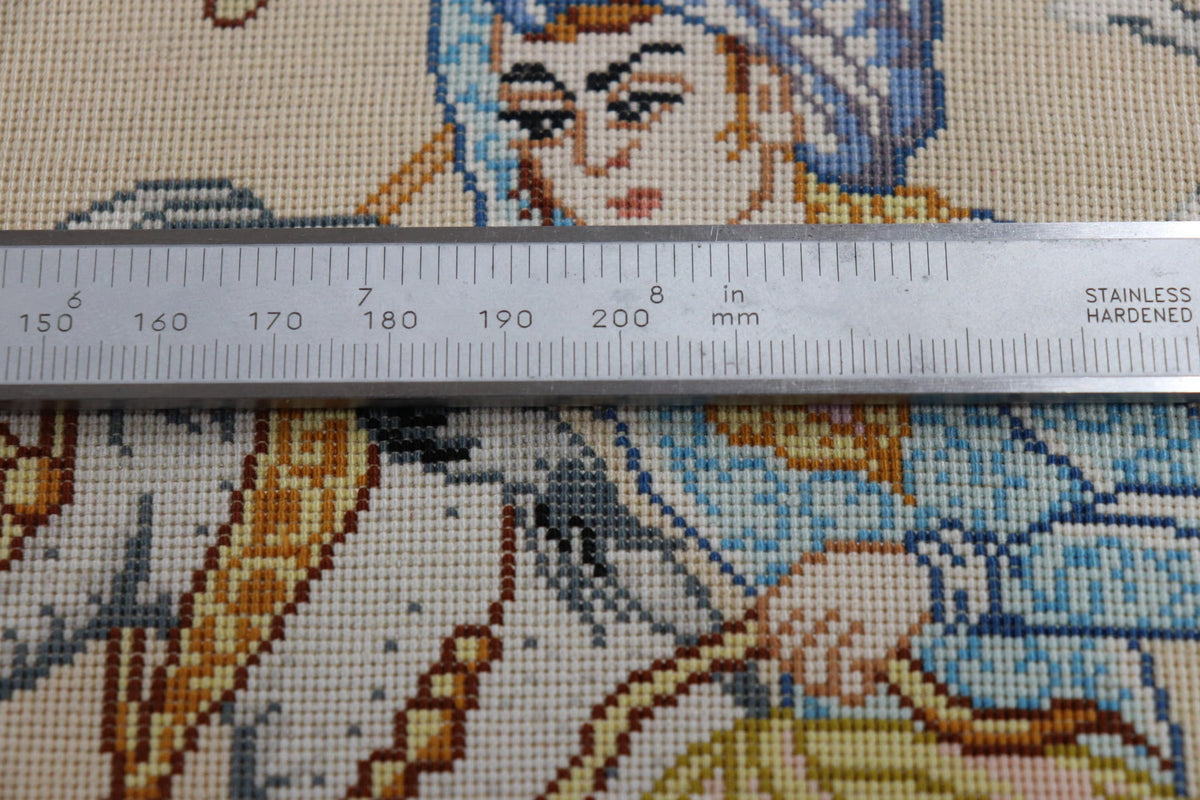 ペルシャ絨毯 クム産 シルク100% [マザヘル工房] 絵画のようなハンティング柄 玄関マットサイズ 壁飾り ID23004 19