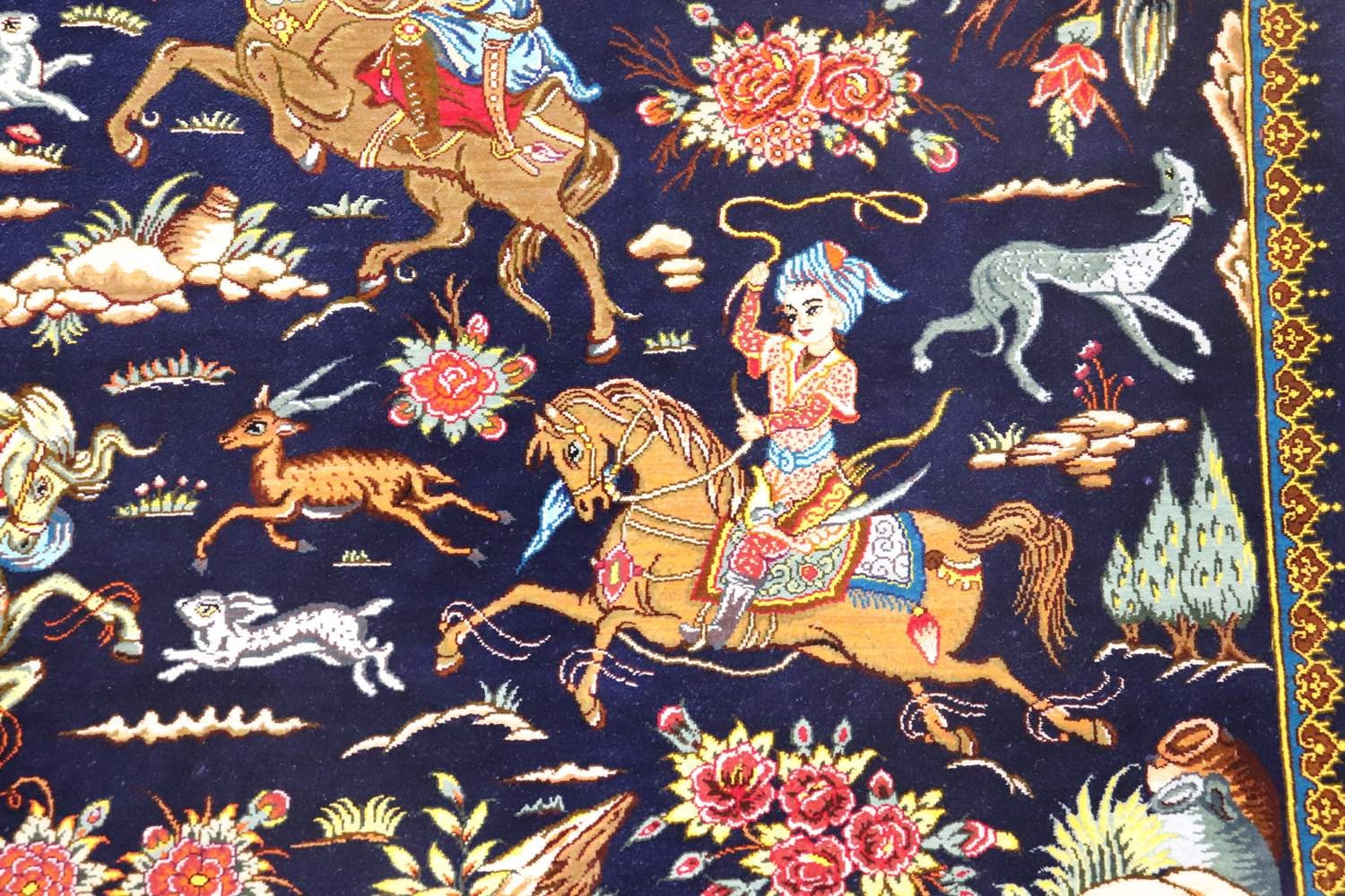ペルシャ絨毯 クム シルク 玄関マット 狩猟図 マザヘル工房 56×89cm