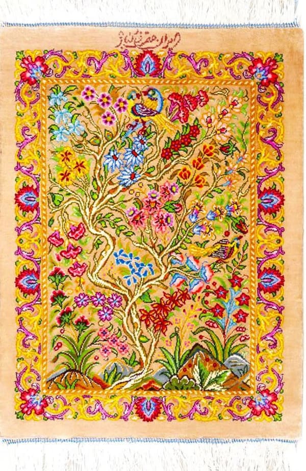 クム産シルク 生命の樹 ベージュ ミニサイズ 33×45cm (ID23043)