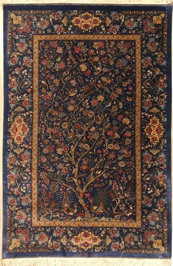 ミルメヒディ工房 生命の樹（孔雀の楽園）ミックスブルー 108×160cm (ID6005)