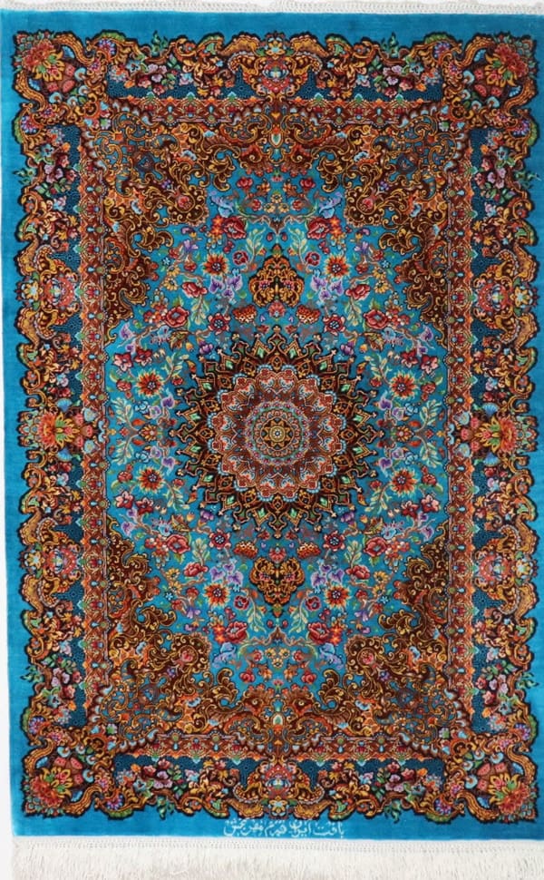 メヘルバクシュ工房 豪華花柄メダリオン スカイブルー 59×89cm (ID8010)