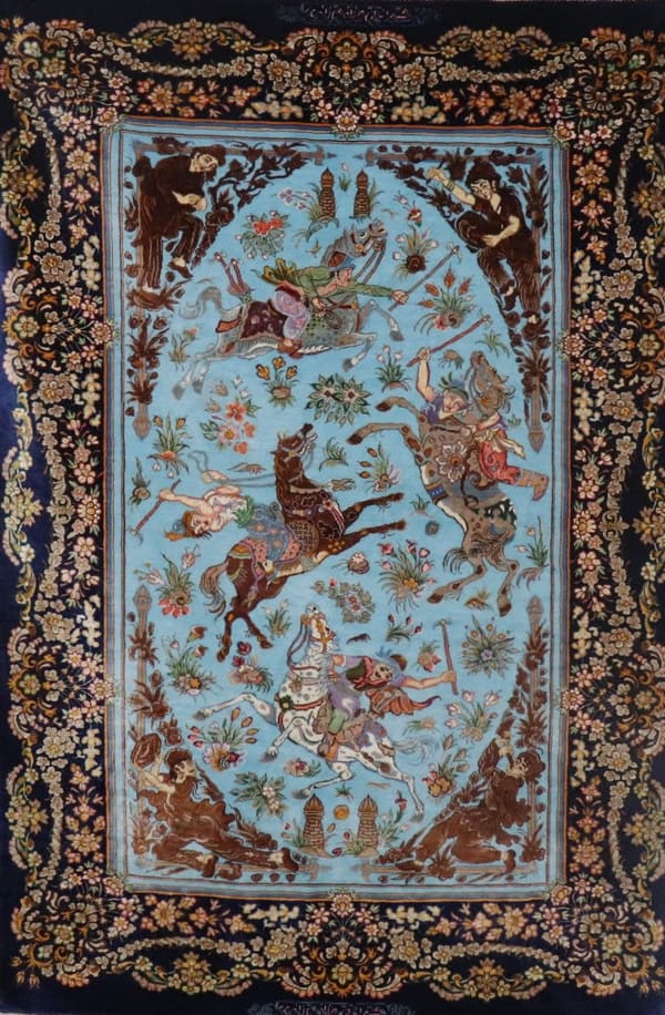 サデグザデ工房 ポロ競技文様(チョーガン)スカイブルー×紺 85×128cm (ID8036)