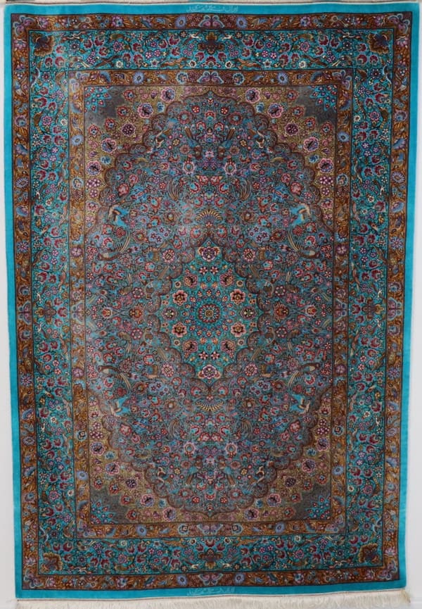 ミルメヒディ工房 花鳥のメダリオン アクアブルー 107×160cm (ID9004)