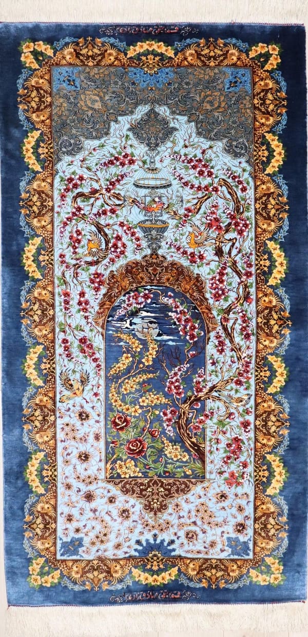 サデグザデ工房 生命の樹(祈祷壁・花瓶と鳥)多彩×ブルー 70×136cm (ID8035)