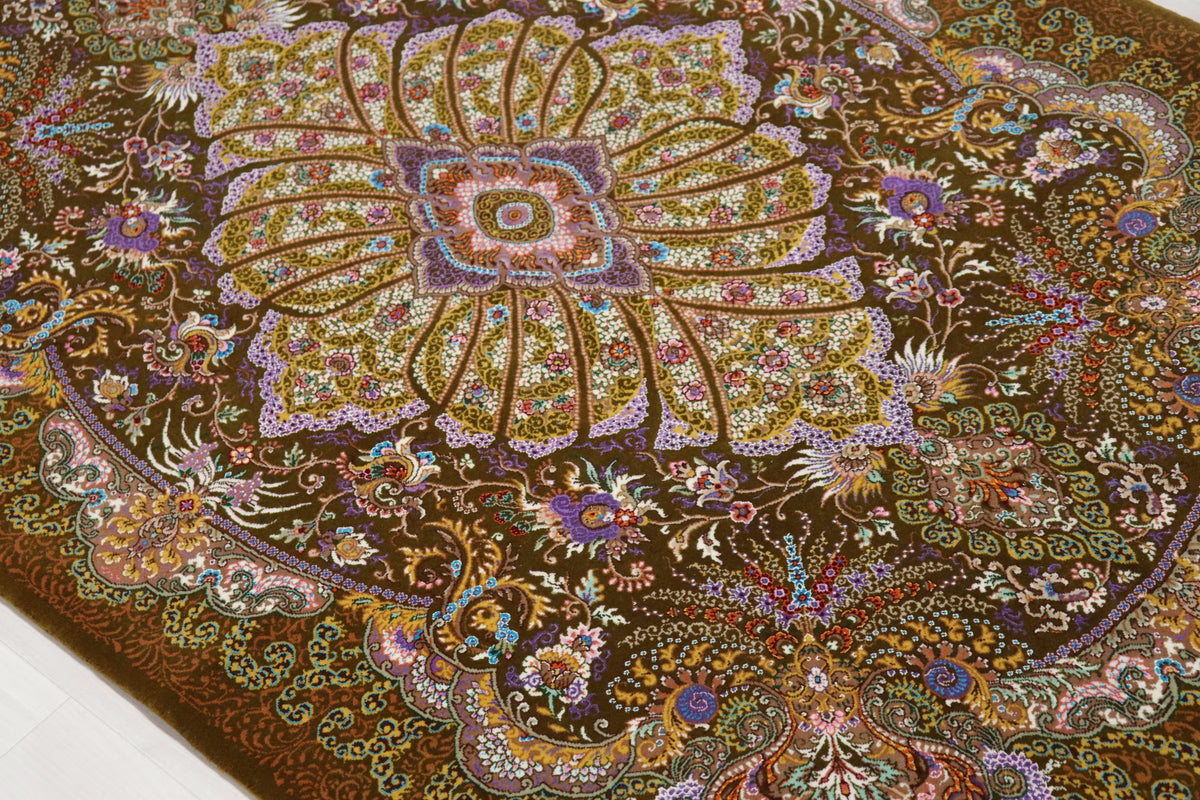 希少カラー・シルク＆ウール クム産 【サマディ工房】 103×167cm オリーブ　ID25005