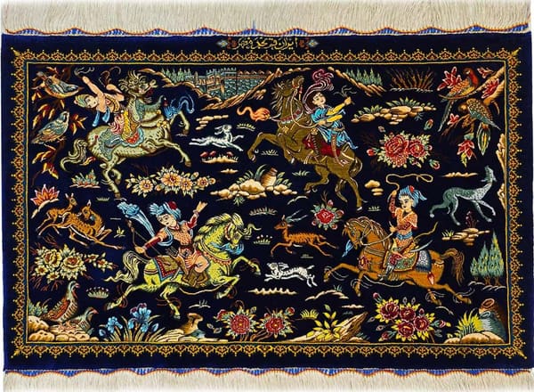 クム産 マザヘル工房 手織りシルク 狩猟図 56×89cm (ID23025)