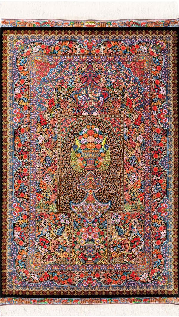 アルバル工房 祈祷壁の花瓶と孔雀(花瓶文様)多彩×黒 100×151cm (ID1142)