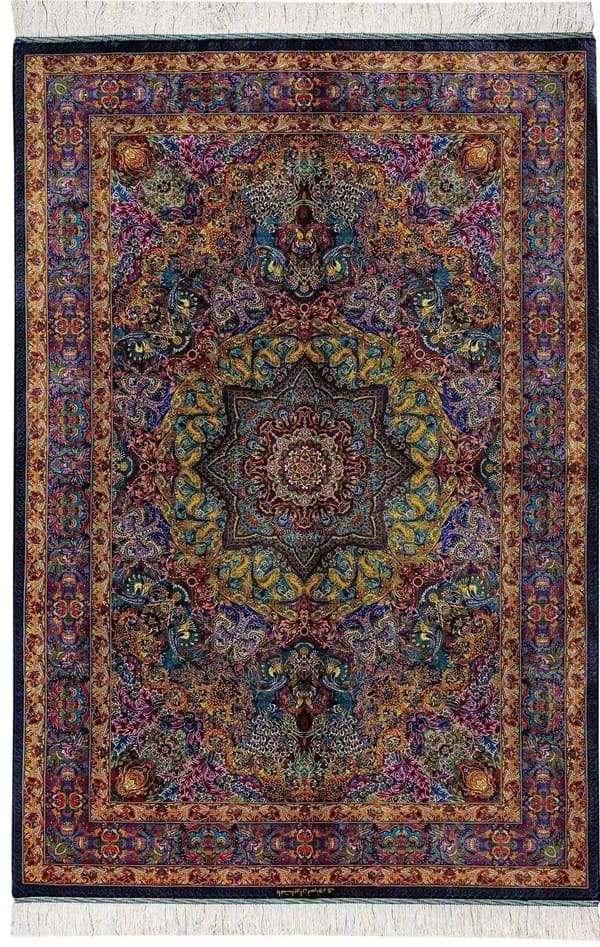 ヌーリ工房 メダリオン（ラチャク・トランジ）カラフル×紺 リビングサイズ 139×203cm (ID1153)